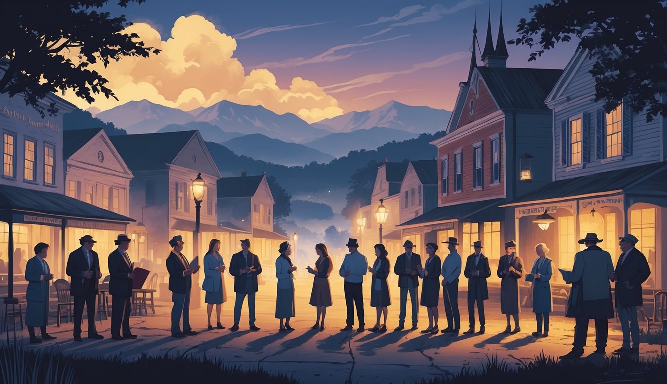 A group of people gathered in a Tennessee town square surrounded by mountains and traditional buildings, discussing old maps and artifacts with ghostly figures appearing in the mist.
