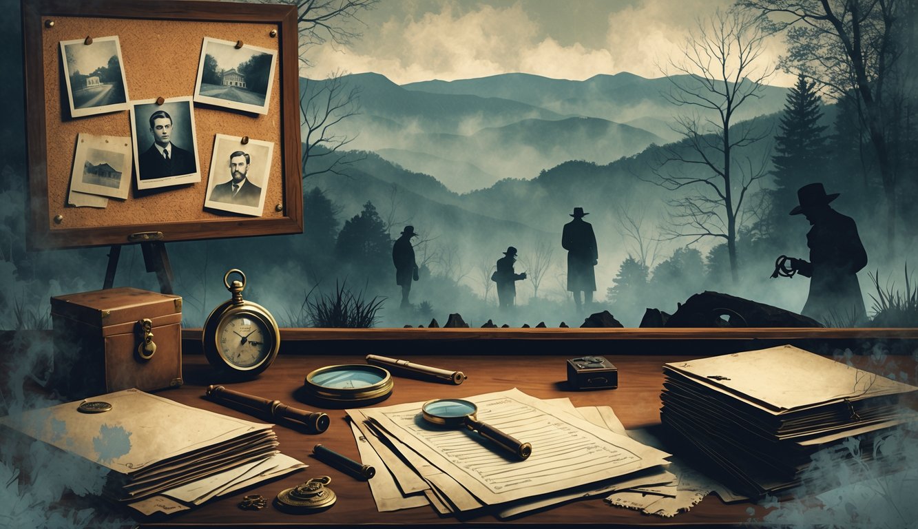 A detective's desk with old case files and photographs, set against misty mountains and shadowy figures, with Tennessee landmarks and historical artifacts in the background.