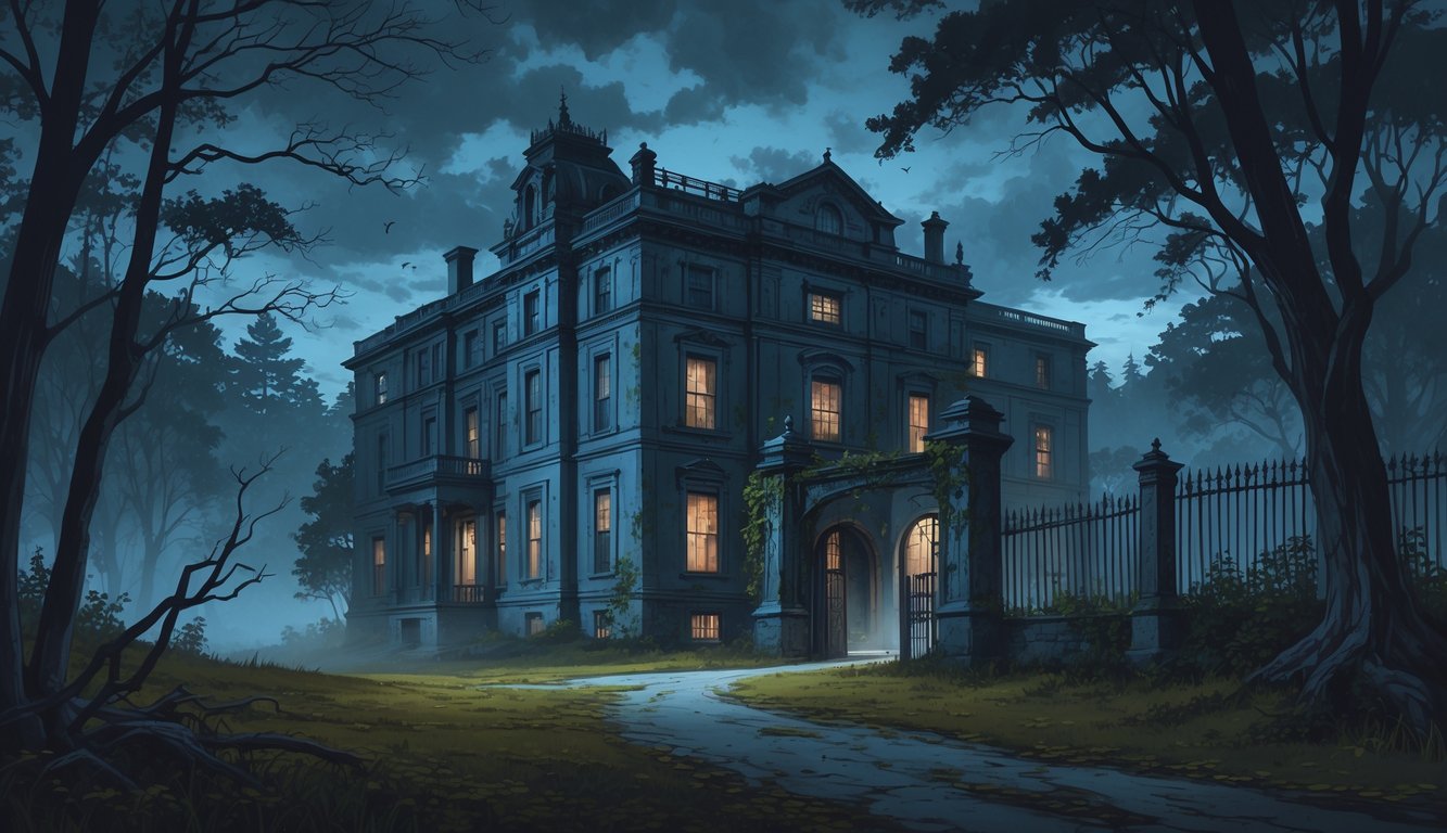 A historic sanatorium building surrounded by misty woods and a winding path under a cloudy sky, with overgrown plants and shadows hinting at mystery.