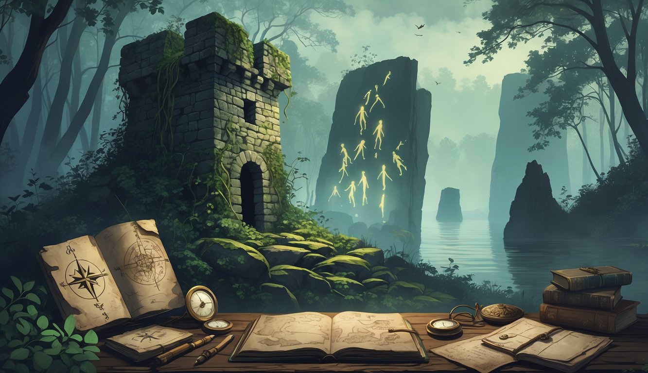 A scene showing mysterious landmarks and artifacts from Virginia's biggest historical mysteries, including an ancient stone tower, glowing petroglyphs on rocks, underwater ruins, and old maps and journals on a wooden table.