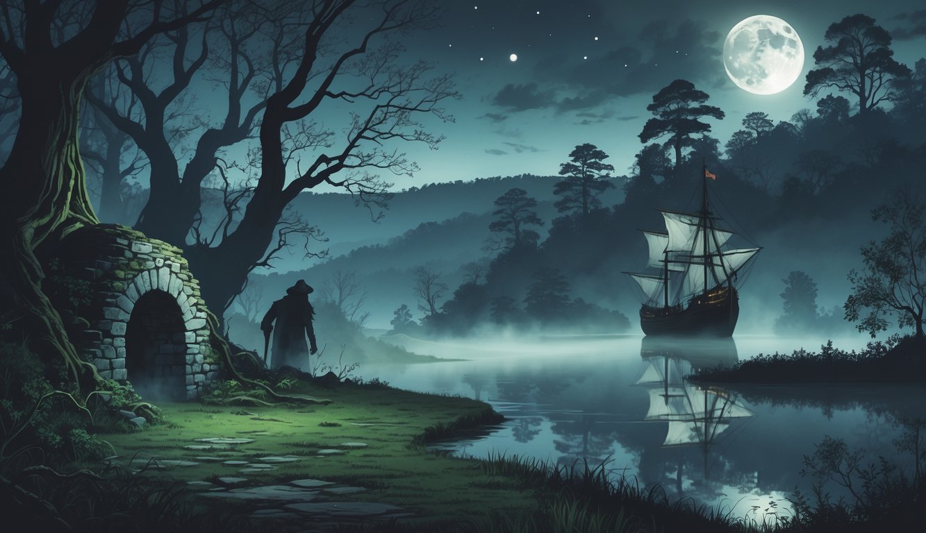 A mysterious nighttime scene in Virginia featuring a misty forest, glowing light over a lake, an ancient stone circle, a ghostly ship on a foggy river, and faint ghostly figures among hills.
