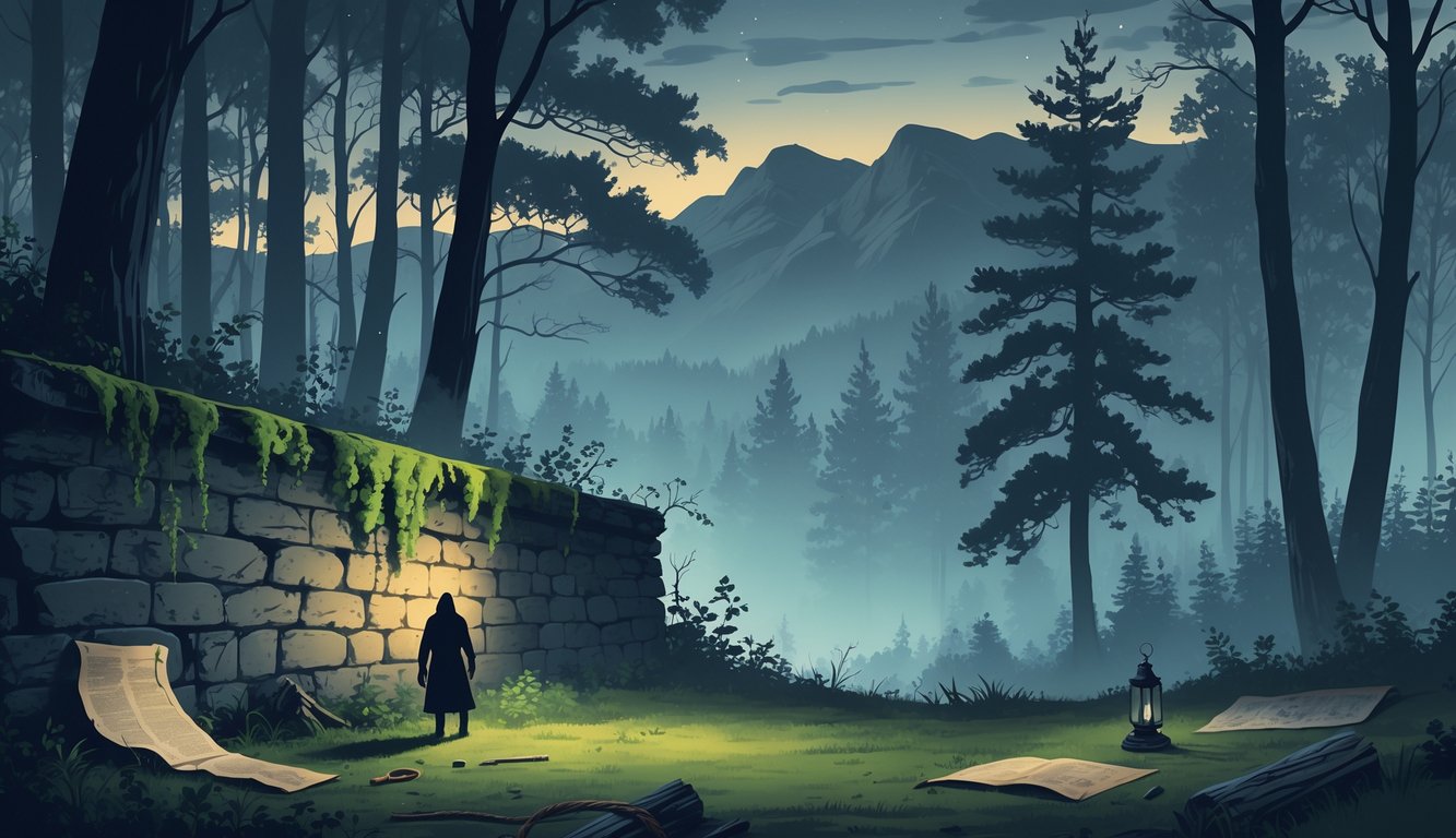 A misty Vermont forest with mountains in the background, an old stone wall, faint colonial artifacts on the ground, and a shadowy mysterious figure among the trees.