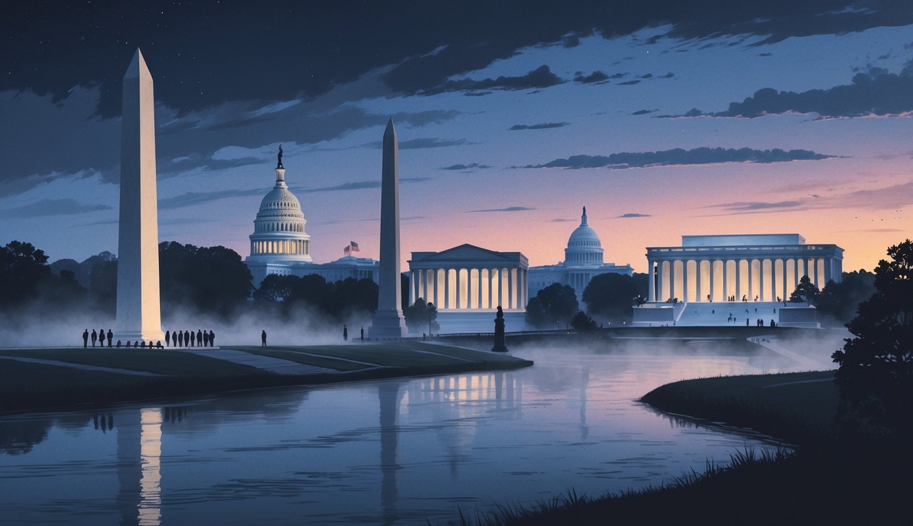 A detailed scene showing Washington, D.C. landmarks with mysterious figures and symbols around them, creating an atmosphere of historical mystery.