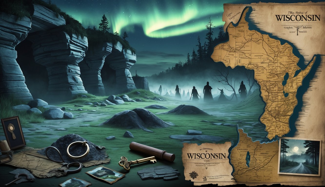 A scene showing Wisconsin landmarks like caves, effigy mounds, and an old map with mysterious symbols, surrounded by artifacts and a twilight sky with northern lights.