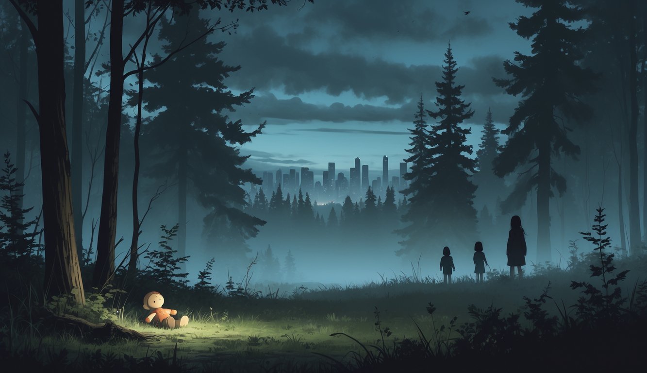 A misty forest scene at dusk with an abandoned child's toy on the ground and faint ghostly silhouettes of children blending into the mist, with the Seattle skyline visible in the distance.