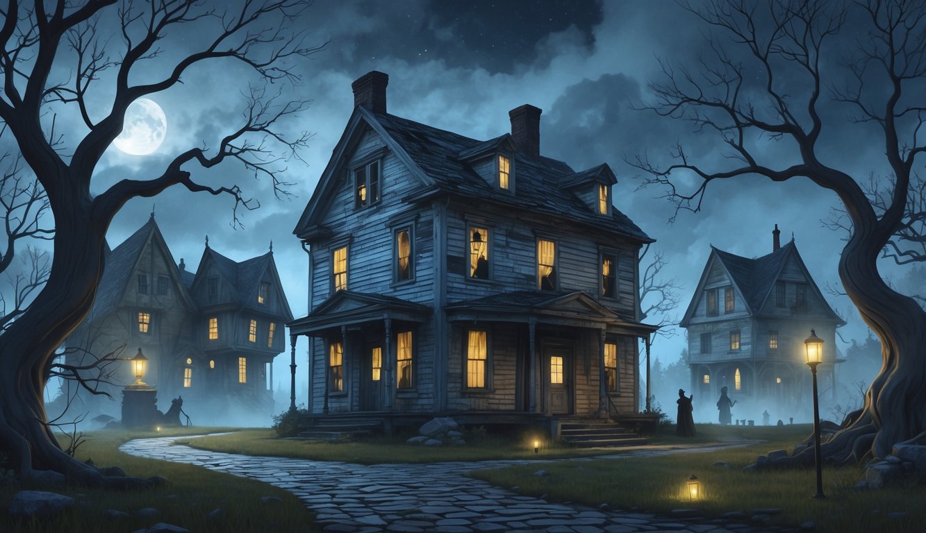 An old colonial house with broken windows and ghostly figures inside, surrounded by twisted trees and unusual historic buildings under a cloudy moonlit sky.
