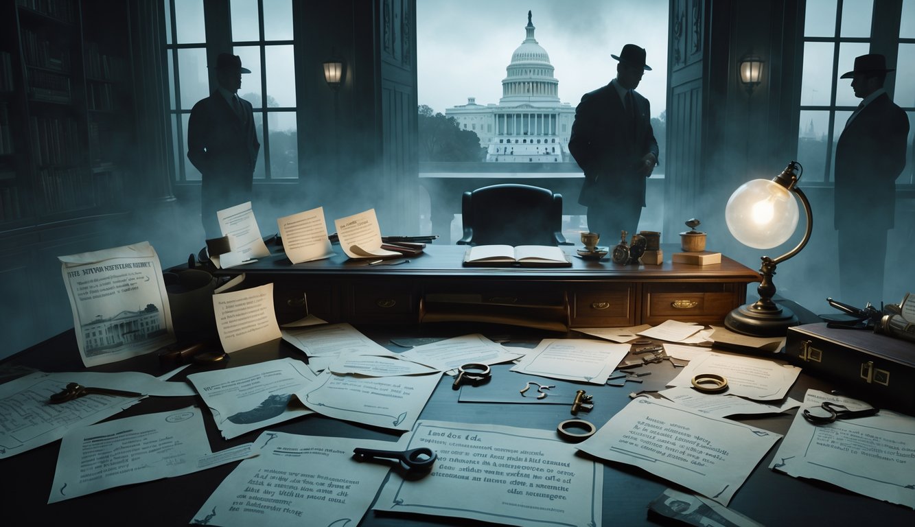 A detective's desk in Washington D.C. covered with ransom notes, old photos, maps, and mysterious objects, with shadowy figures and the Washington Monument visible through a foggy window.
