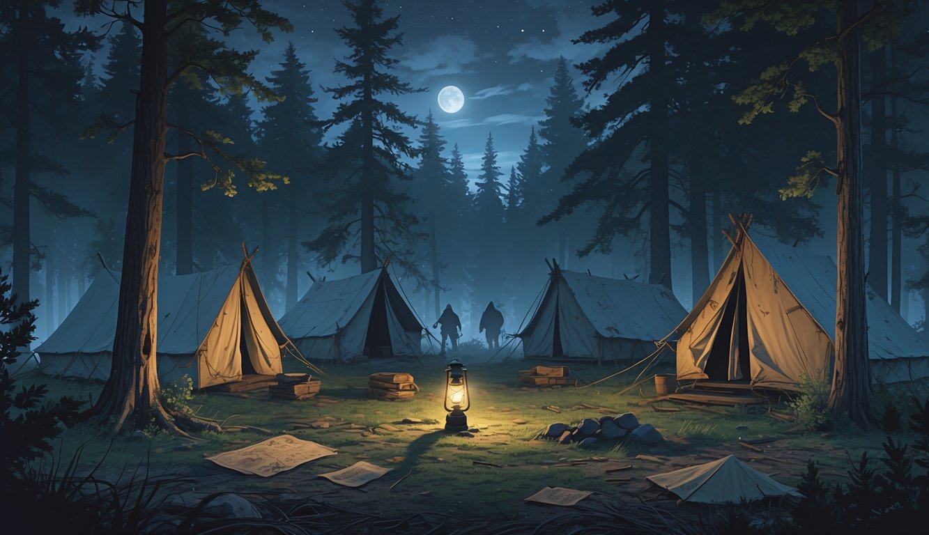 A dimly lit campsite in a dense Washington forest with tents, scattered artifacts, and shadowy figures watching from the trees.