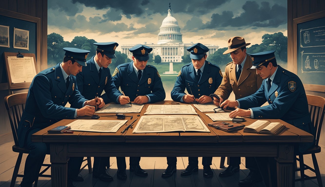 Detectives and officers around a table covered with maps and documents, examining clues related to Washington's historical mysteries, with the Capitol and Washington Monument in the background.