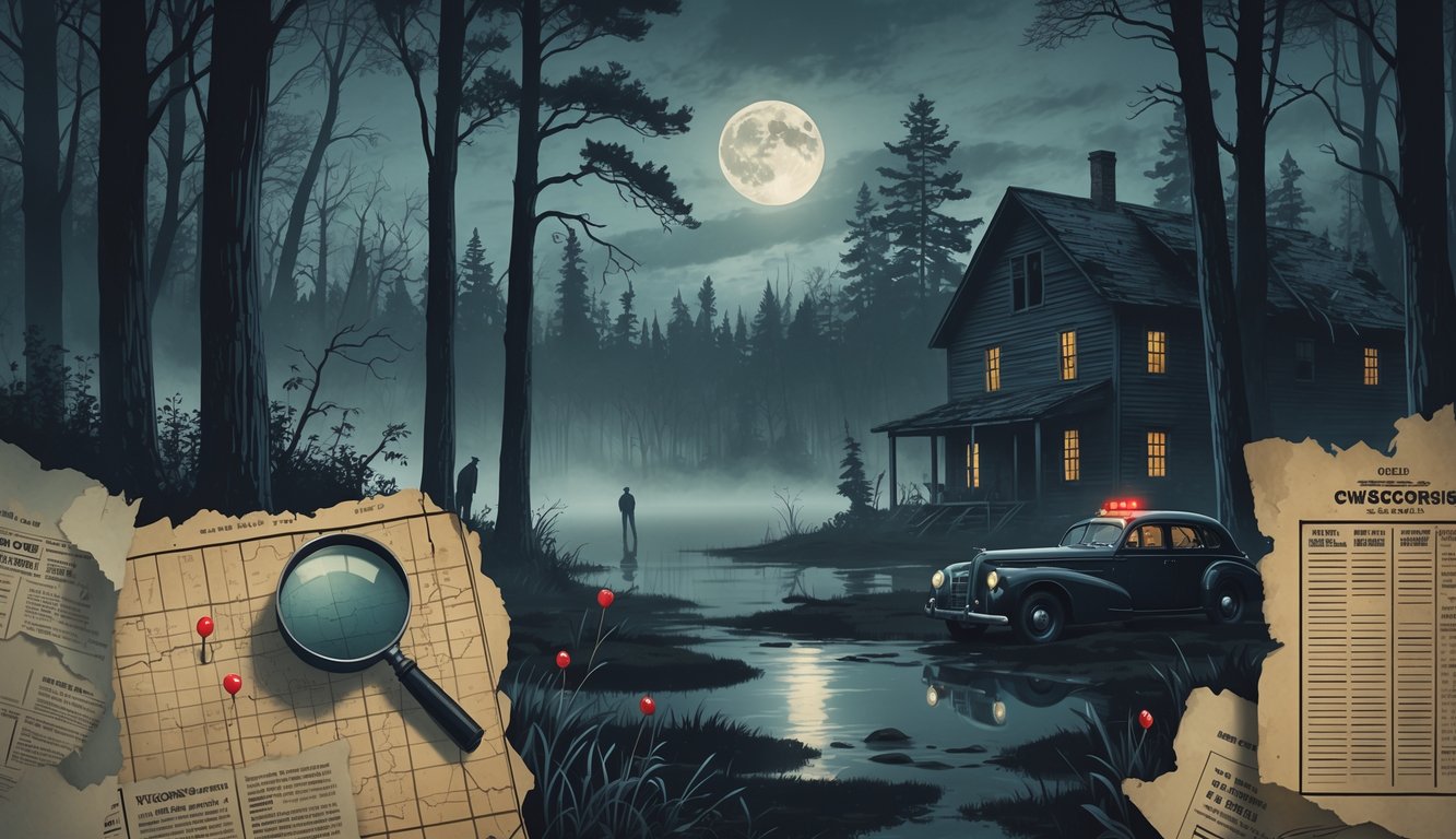 A foggy forest in Wisconsin with an old cabin, a vintage police car, a torn map with red pins, newspaper clippings, and a detective's notebook, all suggesting unsolved true crime mysteries.