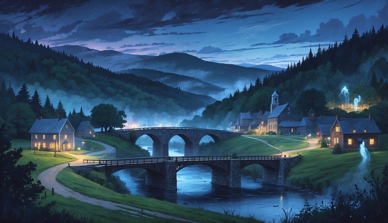 A scenic view of Vermont's historic landmarks including a tall monument, covered bridges, old stone farmhouses, and misty forests with faint glowing lights suggesting mysterious phenomena.