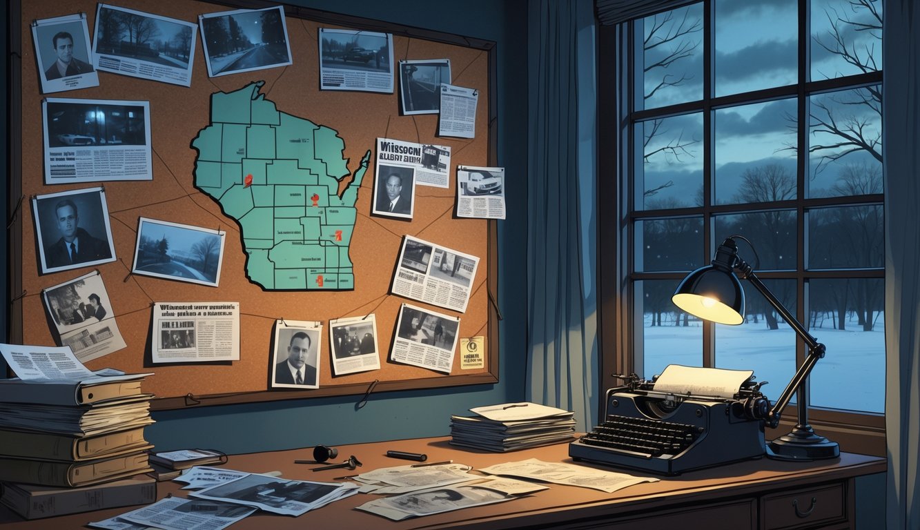 A detective's office with a corkboard covered in photos, newspaper clippings, maps of Wisconsin marked with locations, and strings connecting evidence, alongside a desk with case files and a magnifying glass, with a snowy Wisconsin landscape visible through a window.