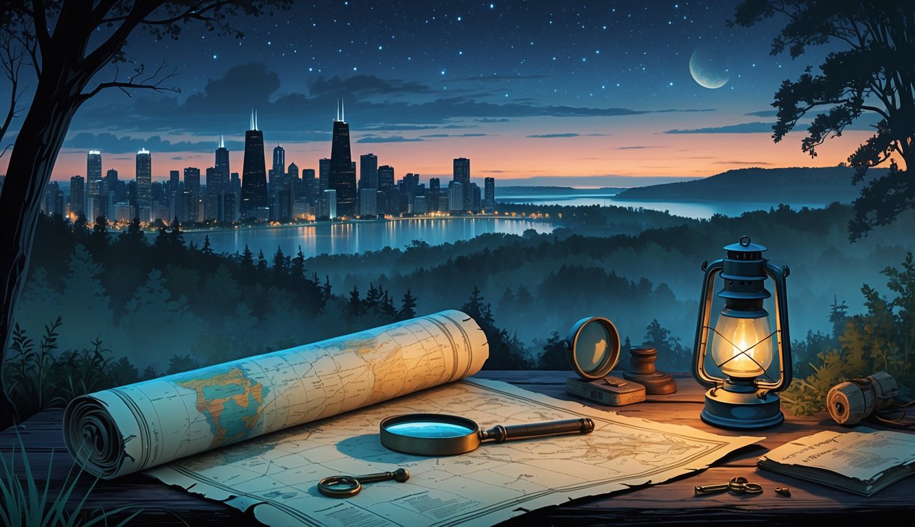 A panoramic view combining the Chicago skyline with Wisconsin forests and a lake, featuring symbols like an old map, compass, magnifying glass, and ghostly figures suggesting historical mysteries.