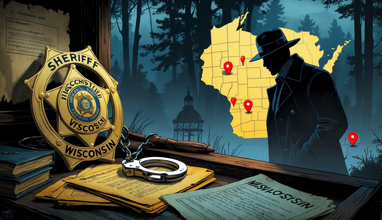 A detective studies a map of Wisconsin with case files and a sheriff's badge on a desk, surrounded by landmarks and forest in a foggy twilight.
