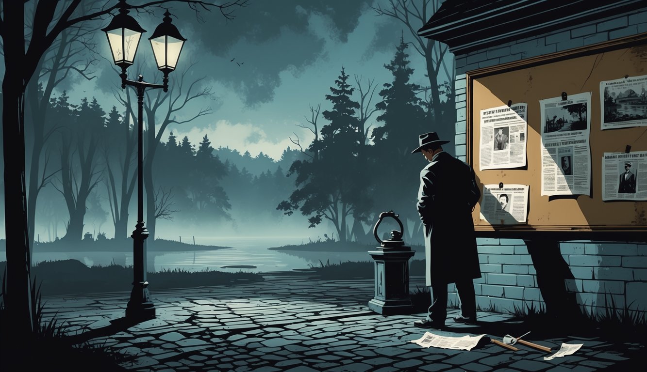 A detective examines evidence at a dimly lit crime scene in a small Wisconsin town with a foggy forest and lake in the background.