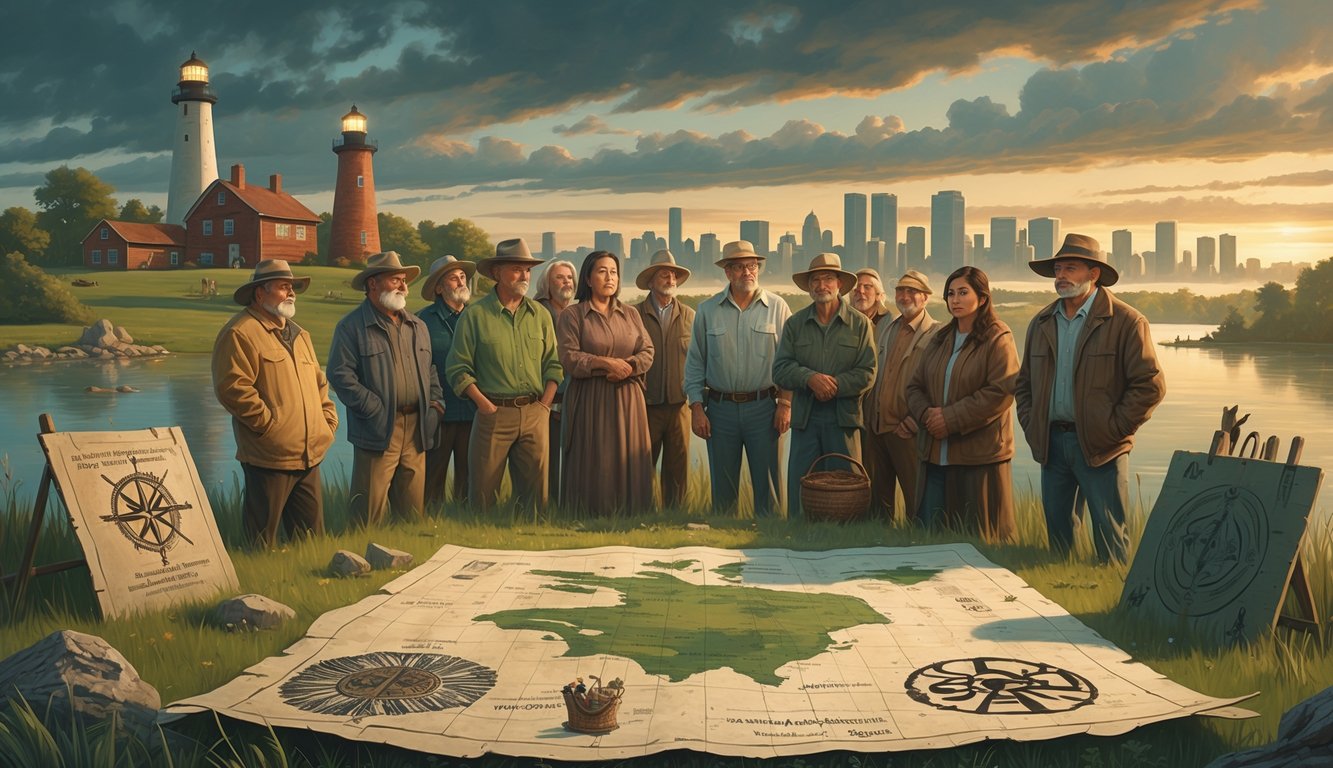 A group of Wisconsin residents gathered outdoors near landmarks and mysterious artifacts, showing curiosity and unity about the state's historical mysteries.