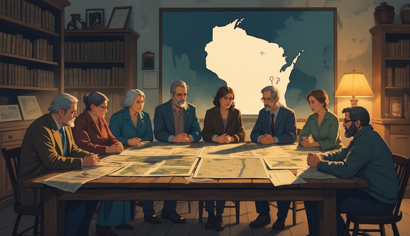 A group of family members and advocates gathered around a table with old maps and photographs, discussing historical mysteries related to Wisconsin.