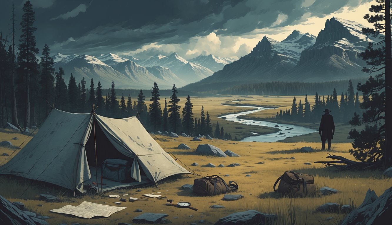 A remote Wyoming wilderness scene with mountains, forests, an abandoned campsite with scattered belongings, and a shadowy figure partly hidden among trees.