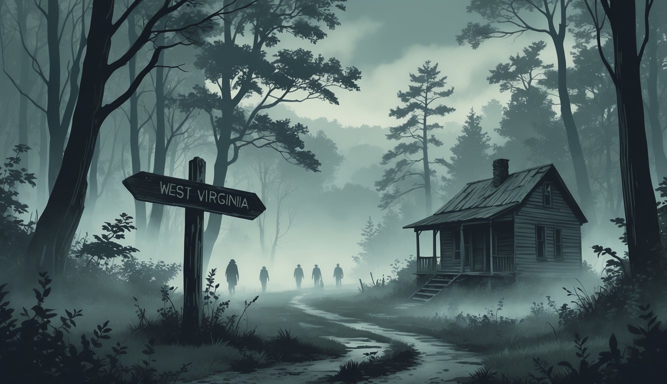 A misty Appalachian forest with tall trees, a weathered wooden signpost, ghostly silhouettes fading into the fog, and an abandoned cabin overgrown with vegetation.