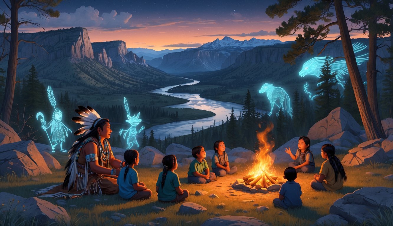 A Native American elder tells stories by a campfire to children in a Wyoming wilderness with mountains, forests, and river, surrounded by faint images of legendary creatures and ancient rock carvings.