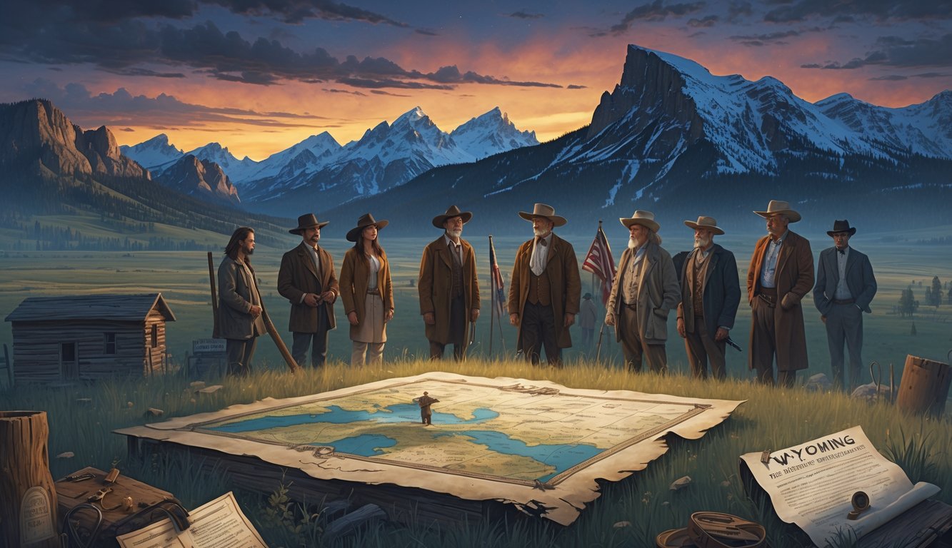 A group of people from different times gathered in a Wyoming landscape with mountains and plains, surrounded by symbols of historical mysteries like an old map, an abandoned cabin, and ghostly figures.
