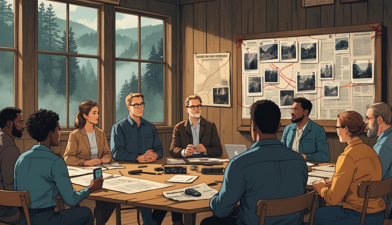 A group of people gathered in a community hall surrounded by crime investigation tools and a bulletin board with clues, set against a backdrop of Appalachian mountains.