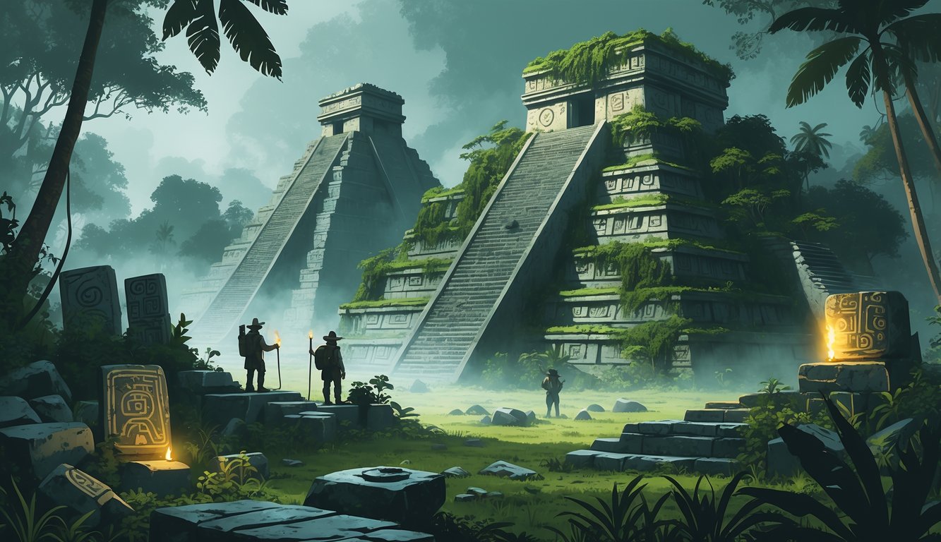 A dense jungle with ancient Mayan pyramids partially covered by vegetation, scattered stone artifacts, explorers approaching the ruins, and a misty atmosphere suggesting historical mystery.