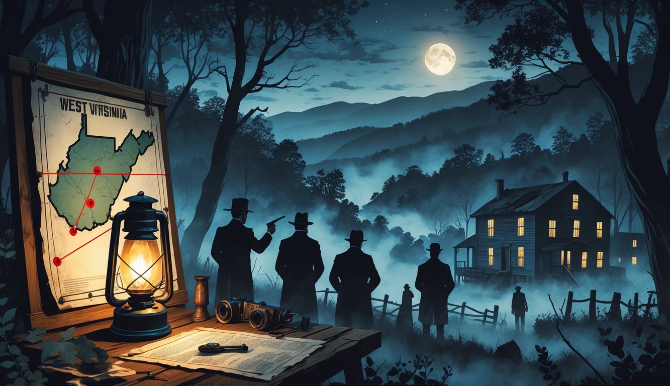 A nighttime Appalachian forest scene with a lantern-lit map of West Virginia, shadowy figures examining clues, and an abandoned mining town in the background under a cloudy sky.
