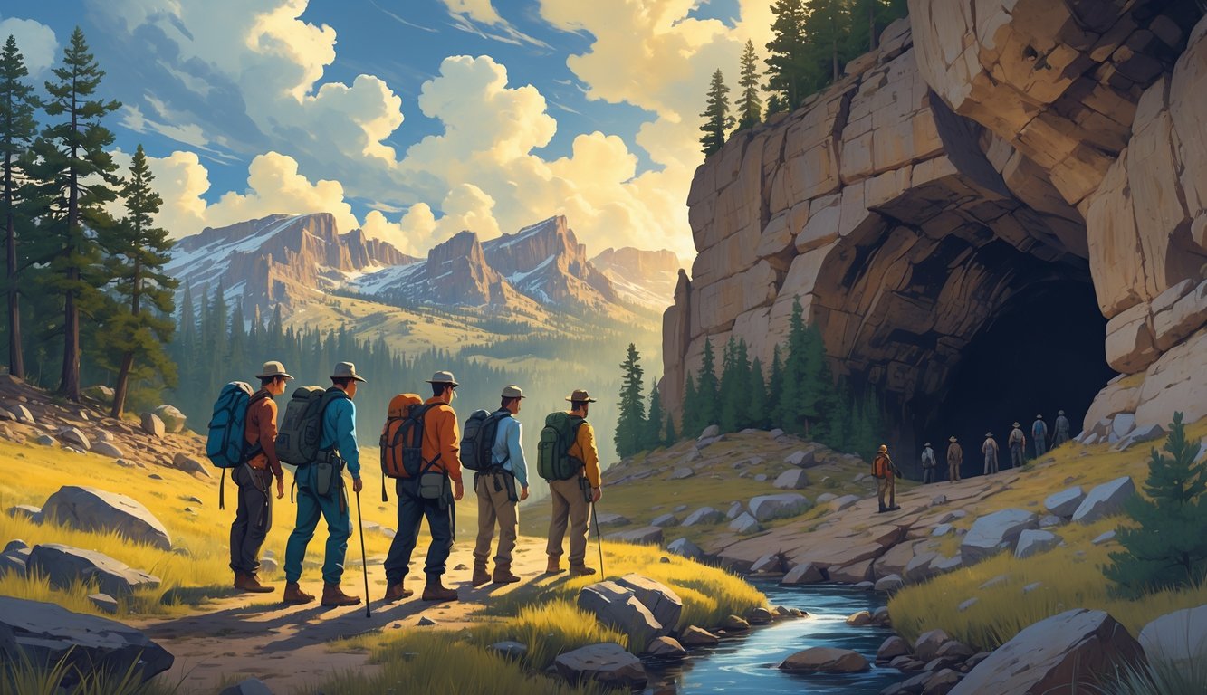 A group of explorers investigates a cave entrance in a rugged Wyoming landscape with mountains, pine forests, and a distant ghost town under a cloudy sky.