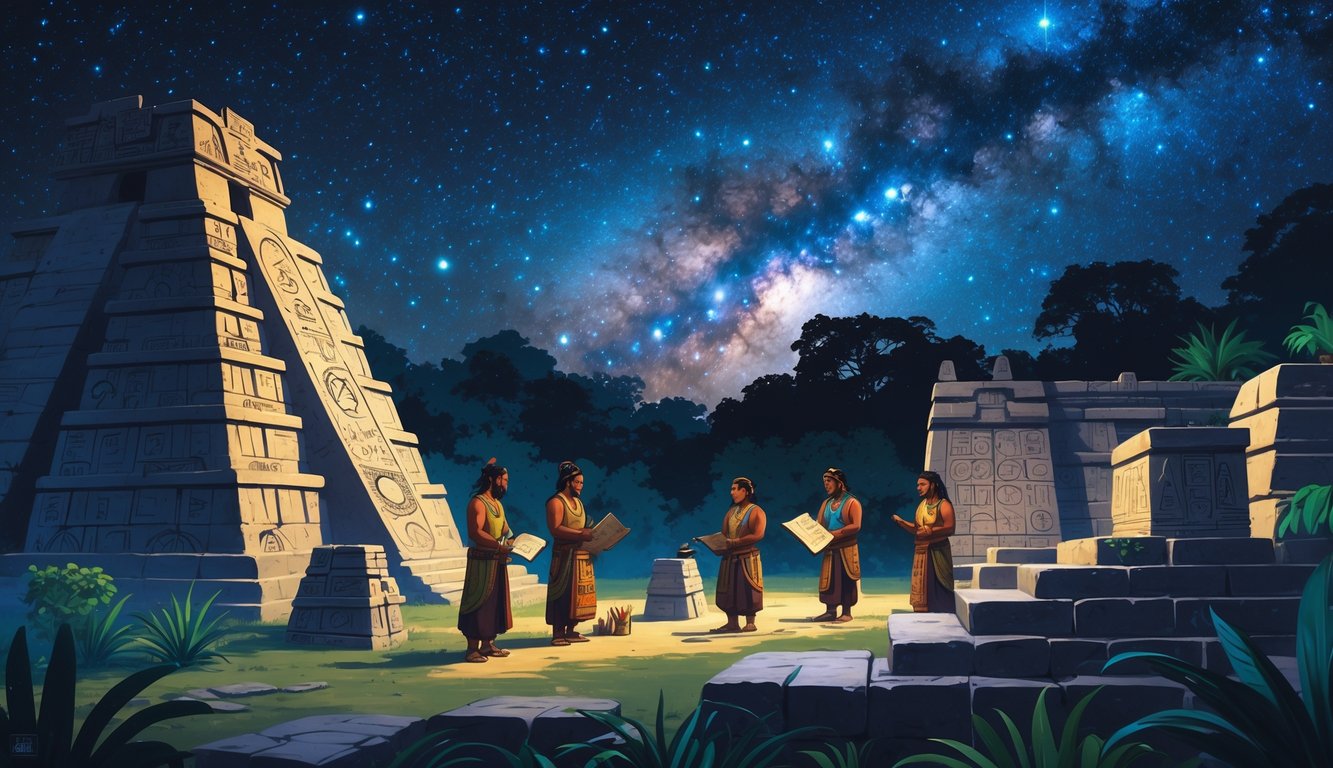 Ancient Central American pyramids and temples under a starry sky with indigenous scholars studying celestial symbols and mathematical carvings.