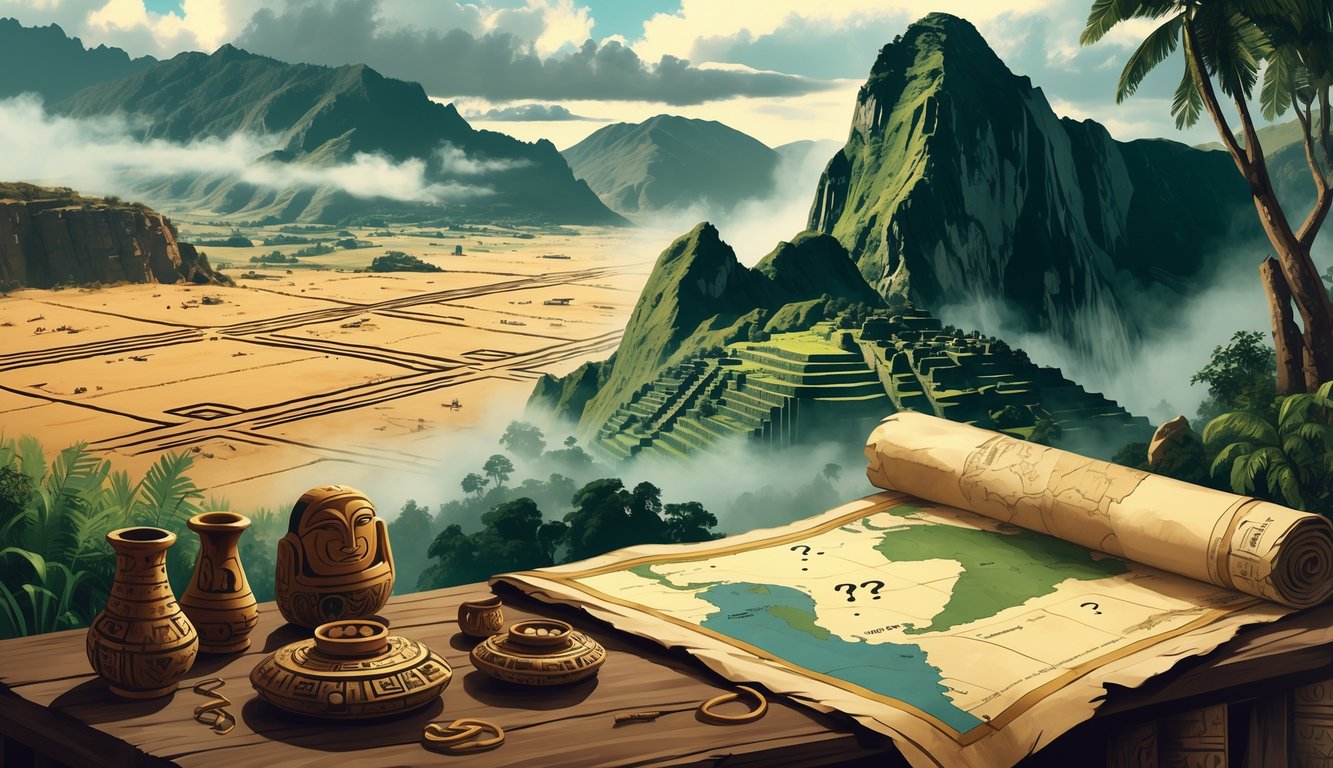 A collage showing the Nazca Lines in a desert, Machu Picchu in the Andes mountains, a hidden lost city in the Amazon rainforest, ancient golden artifacts on a table, and an old map of South America with symbols.