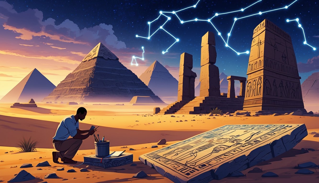 A collage showing the Pyramids of Giza, Great Zimbabwe ruins, rock-hewn churches of Lalibela, and the lost city of Timbuktu with an archaeologist examining an ancient stone tablet under a starry sky.