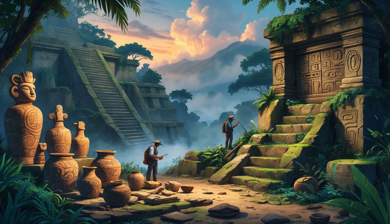 A jungle scene showing ancient stone statues and pottery among ruins with explorers examining the artifacts under a misty mountain sky.