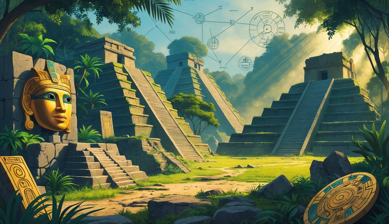A dense jungle with ancient Central American pyramids and temples surrounded by artifacts and symbols from various ancient civilizations, illuminated by sunlight filtering through the trees.