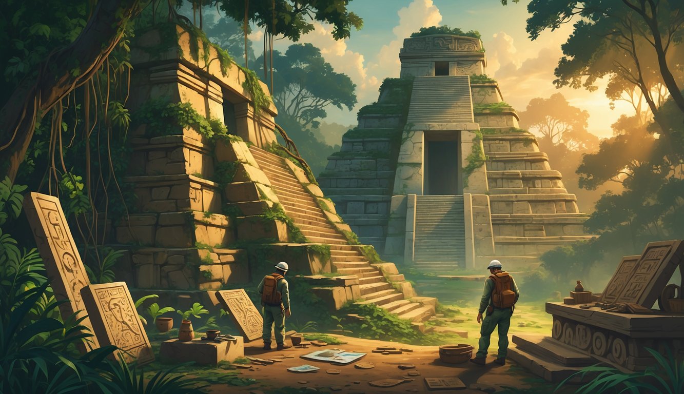 An ancient Mayan pyramid in a dense jungle with archaeologists examining artifacts near a hidden temple entrance at sunrise.