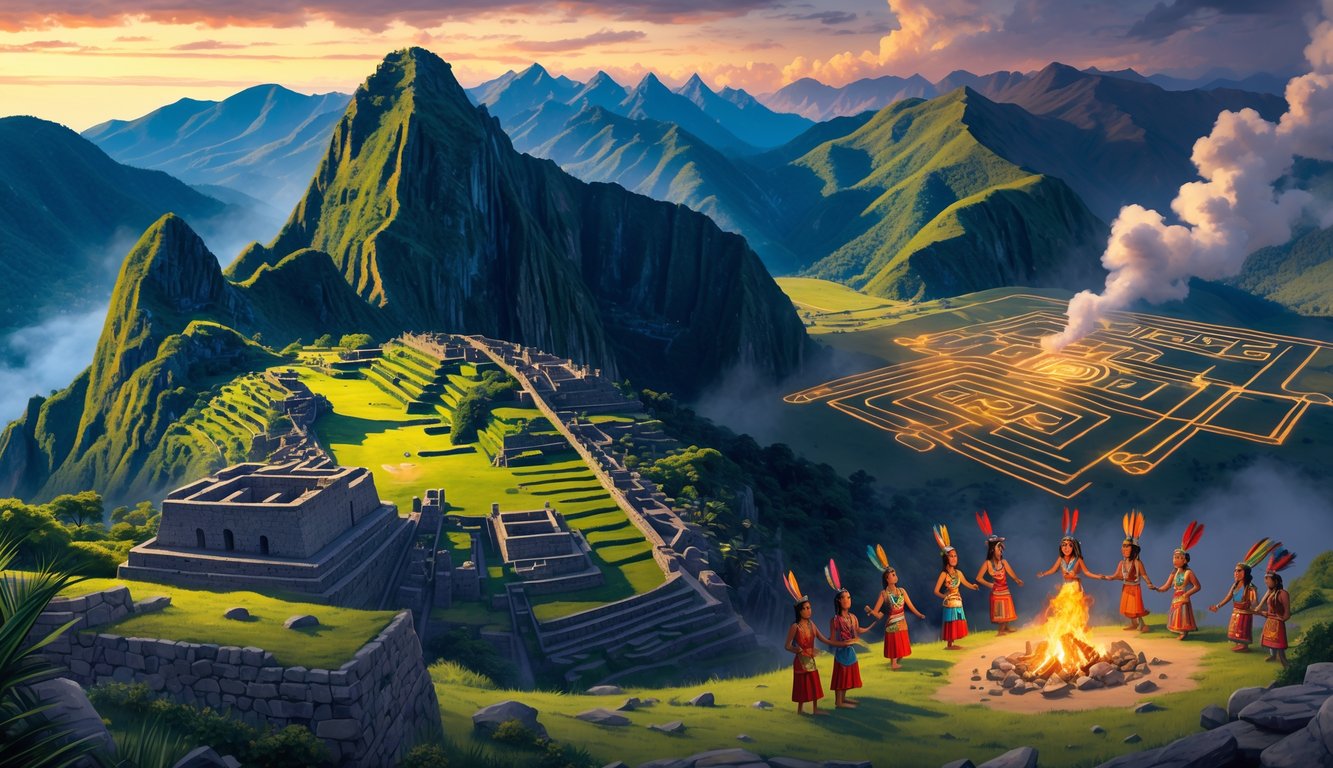 A panoramic scene showing ancient South American stone structures, desert geoglyphs, and indigenous people performing a ceremonial dance outdoors.