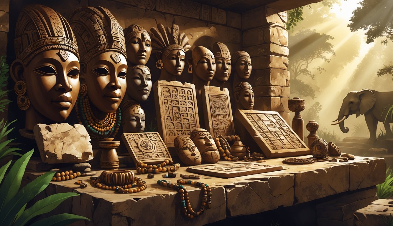 A collection of ancient African artifacts including carved masks, bronze sculptures, stone tablets, and gold jewelry arranged on a stone table in a jungle archaeological site.