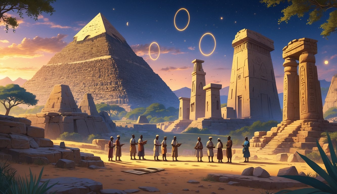 A panoramic view of Africa showing the Great Pyramid of Giza, rock-hewn churches of Lalibela, stone circles of Senegambia, and ruins of Great Zimbabwe with people examining artifacts nearby.