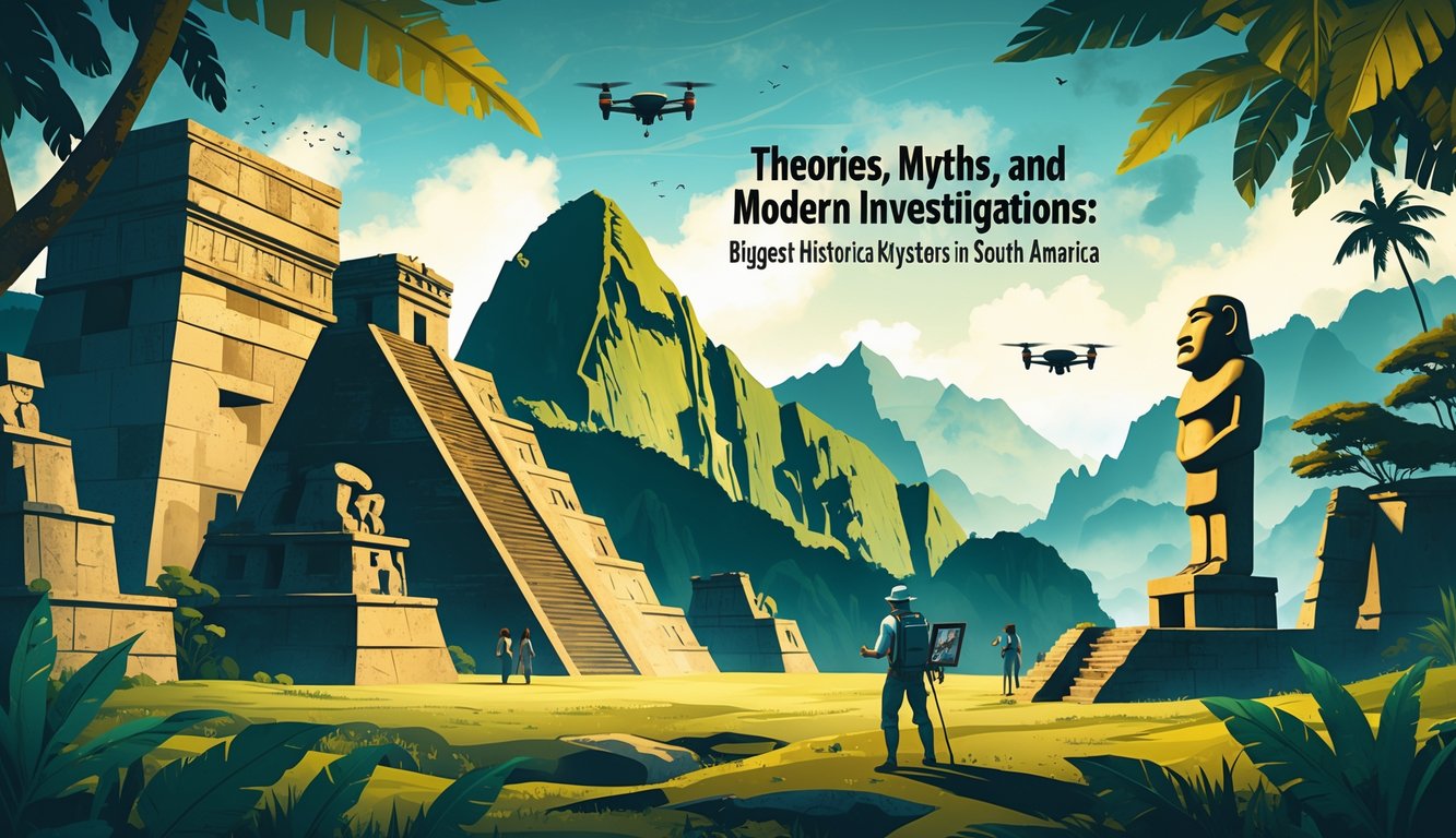 A scene showing ancient South American ruins, dense rainforest, mythical figures, and modern researchers investigating with tools and drones.