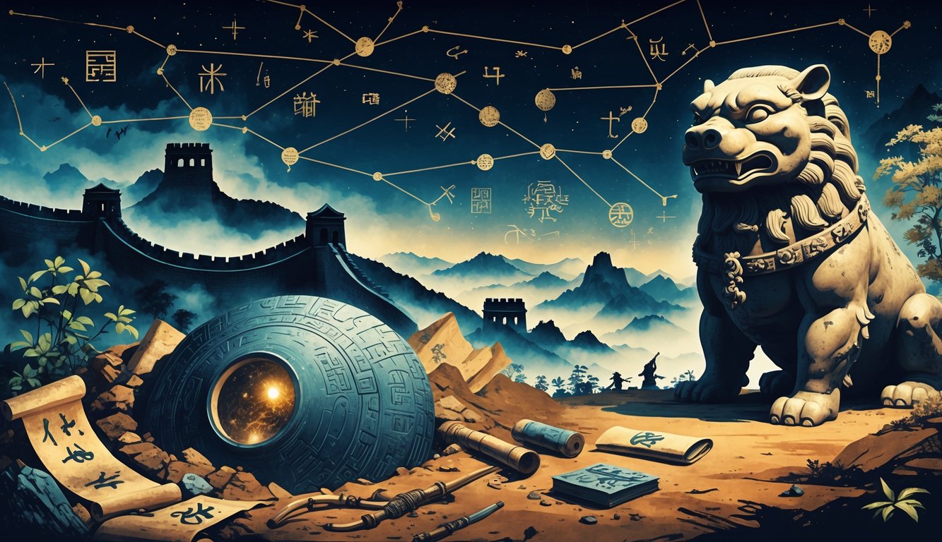 A scene showing ancient Asian artifacts, the Great Wall of China in misty mountains, a mythical statue covered in vines, and a starry sky with symbolic constellations.