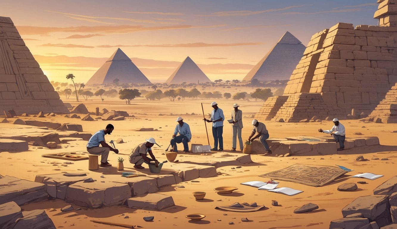 A group of researchers excavating ancient artifacts at a site in Africa with historic landmarks in the background during sunset.