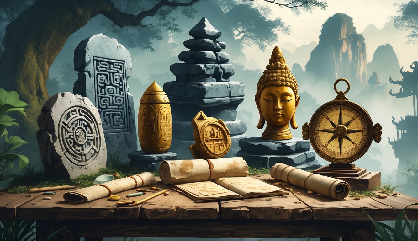 A collection of ancient Asian artefacts including stone carvings, a golden idol, old scrolls, and a bronze compass on a wooden table with mountains and temples faintly visible in the background.