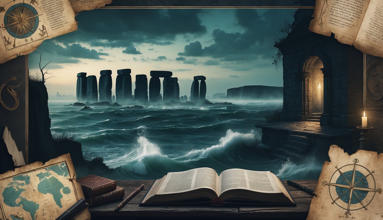 A collage showing Stonehenge at twilight, ancient manuscripts on a table, underwater ruins, and a shadowy figure in a historic chamber, representing Europe's biggest historical mysteries.