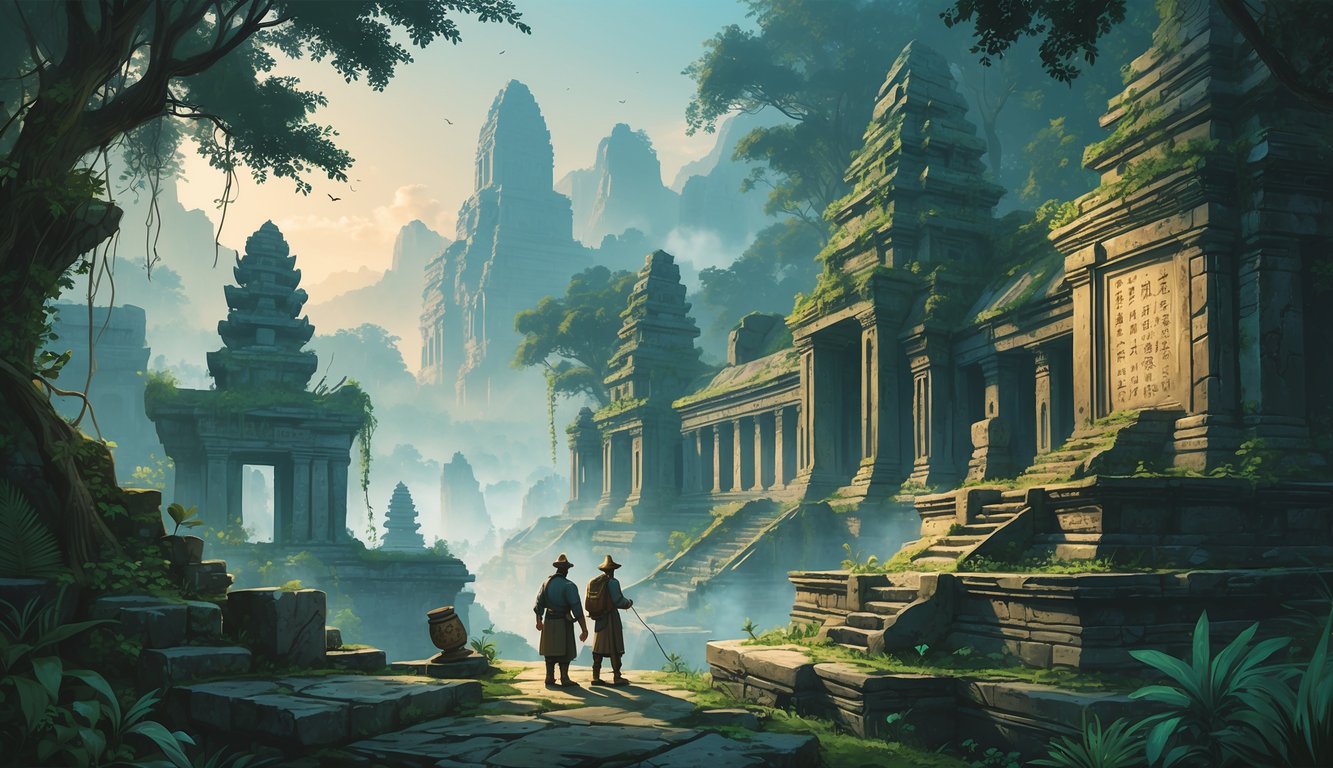 An ancient Asian city with stone temples and statues overgrown by jungle plants, shrouded in mist, with explorers examining ruins.