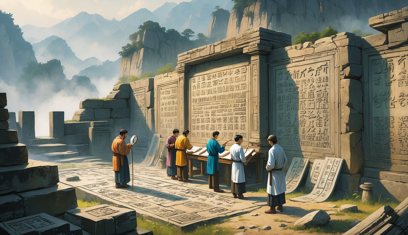An archaeological site in Asia with scholars examining ancient stone tablets and walls covered in mysterious symbols and scripts, surrounded by ruins and mountains.