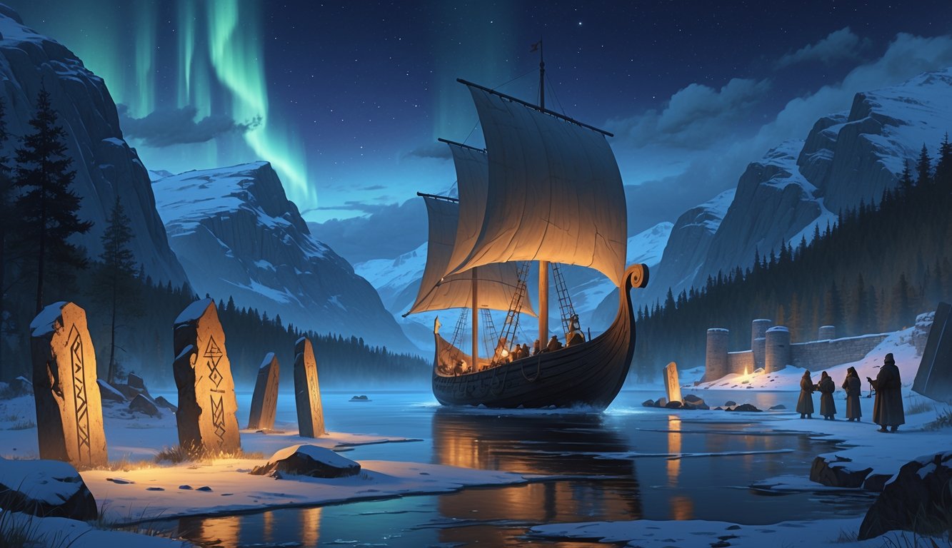 A Viking ship sailing through icy fjords at twilight, surrounded by rune stones, medieval castles, pine forests, and mountains under a glowing northern lights sky.