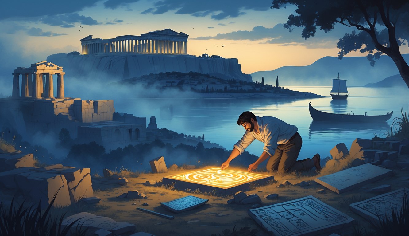 An ancient Greek landscape at twilight with the Parthenon, an archaeologist uncovering a glowing artifact, a labyrinth entrance, a ghostly ship on the sea, and scattered ancient scrolls.