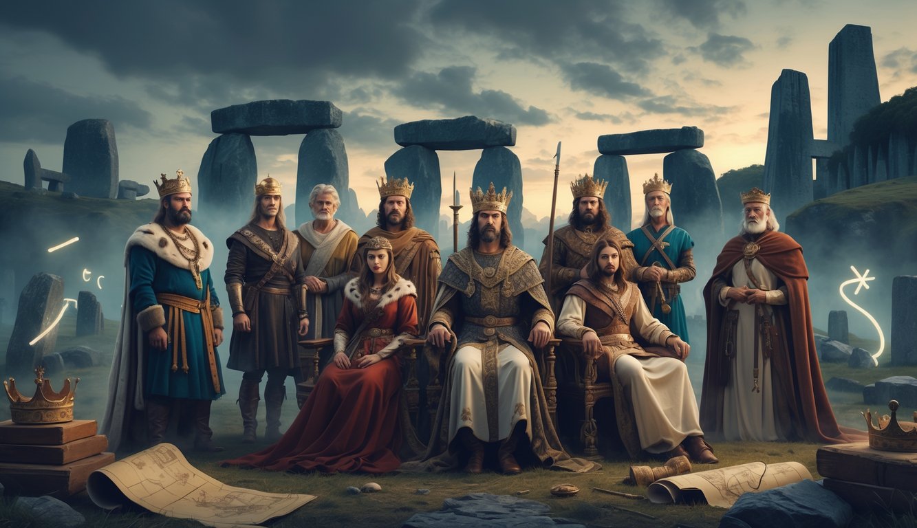A group of ancient European rulers and figures standing near historic landmarks like Stonehenge and medieval castles under a misty twilight sky.