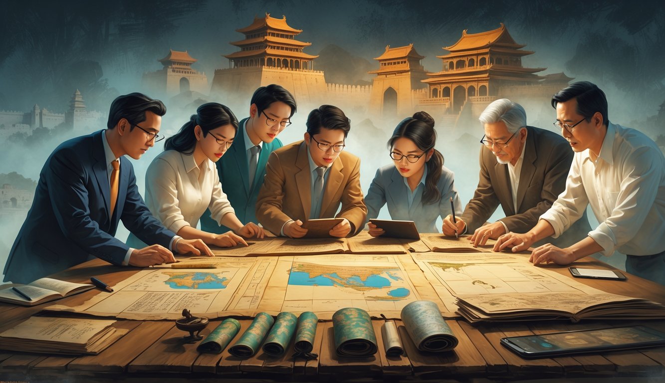 A group of experts examining ancient artifacts and maps related to Asian history, surrounded by faint outlines of famous Asian landmarks.