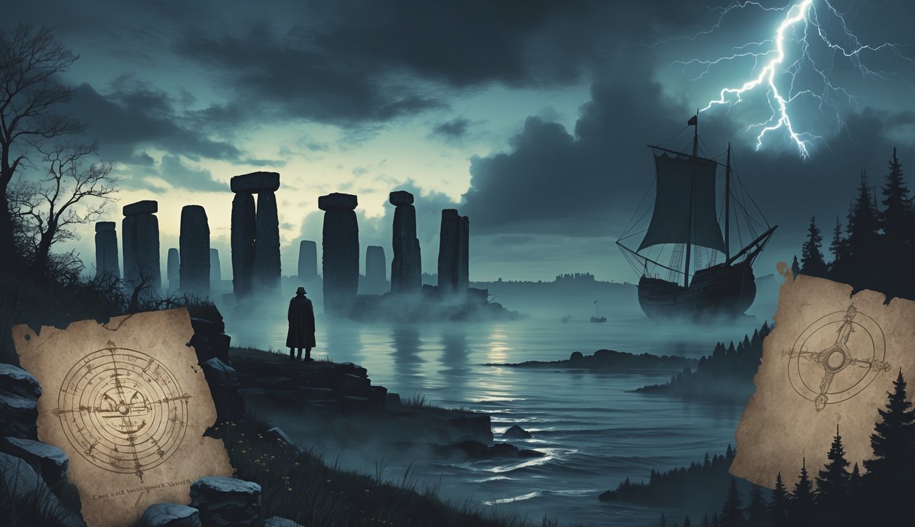 A scene showing ancient stone circles, a medieval knight near castle ruins, glowing cryptic symbols on parchment, a ghostly ship on a stormy sea, and a mysterious glowing orb over an archaeological site.